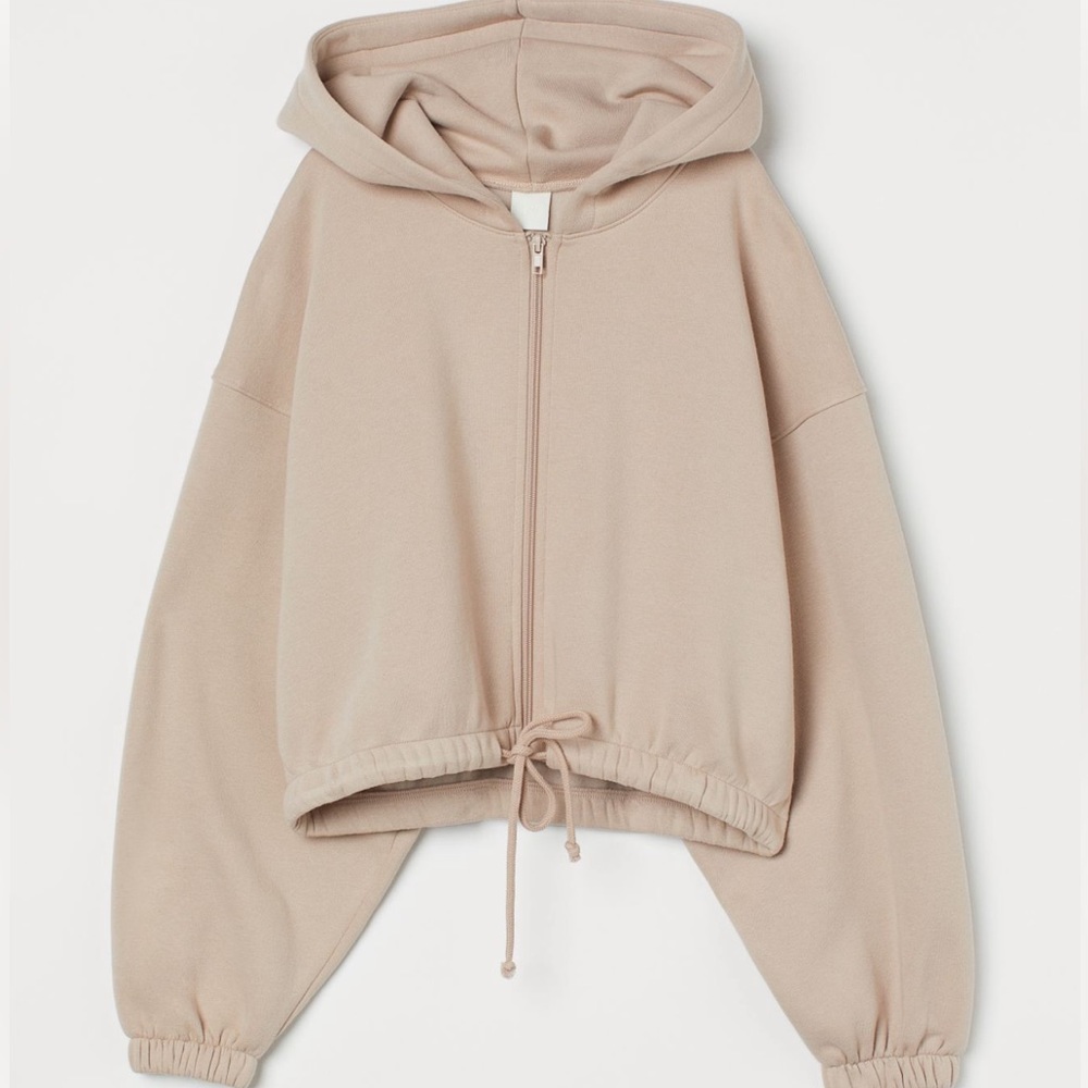 H&M Beige Cropped Zip-Up Hoodie